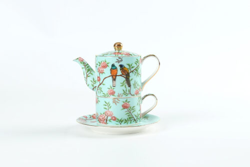 70011 ELEGANT Turquoise Ceramic Teapot with Floral Bird Design