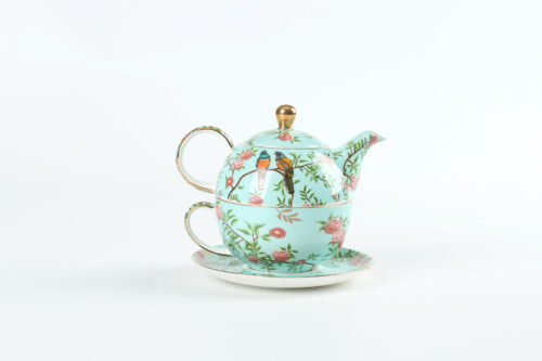 71047 ELEGANT TURQUOISE FLORAL BIRD PORCELAIN TEAPOT SET