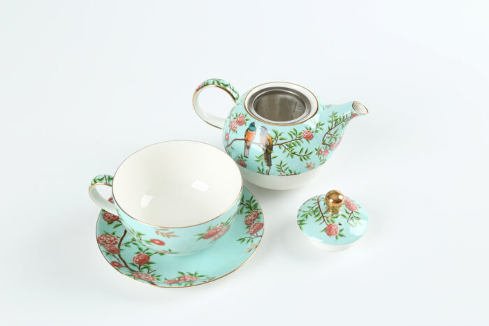 71047 ELEGANT TURQUOISE FLORAL BIRD PORCELAIN TEAPOT SET - Image 3