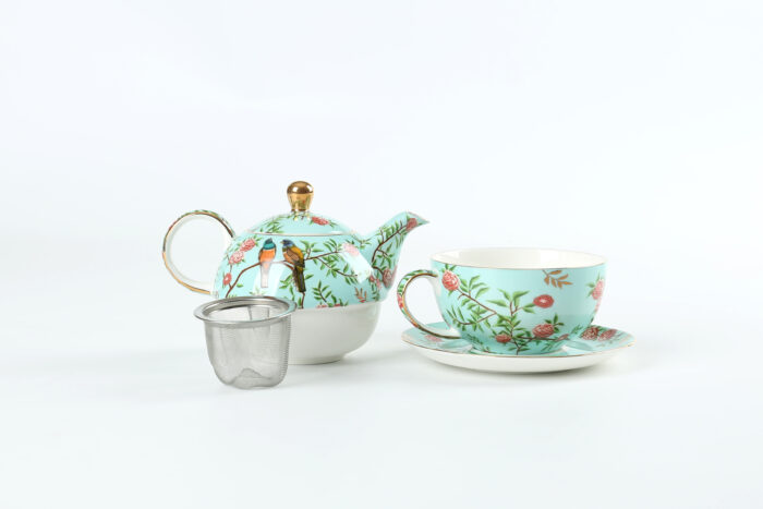 71047 ELEGANT TURQUOISE FLORAL BIRD PORCELAIN TEAPOT SET - Image 2